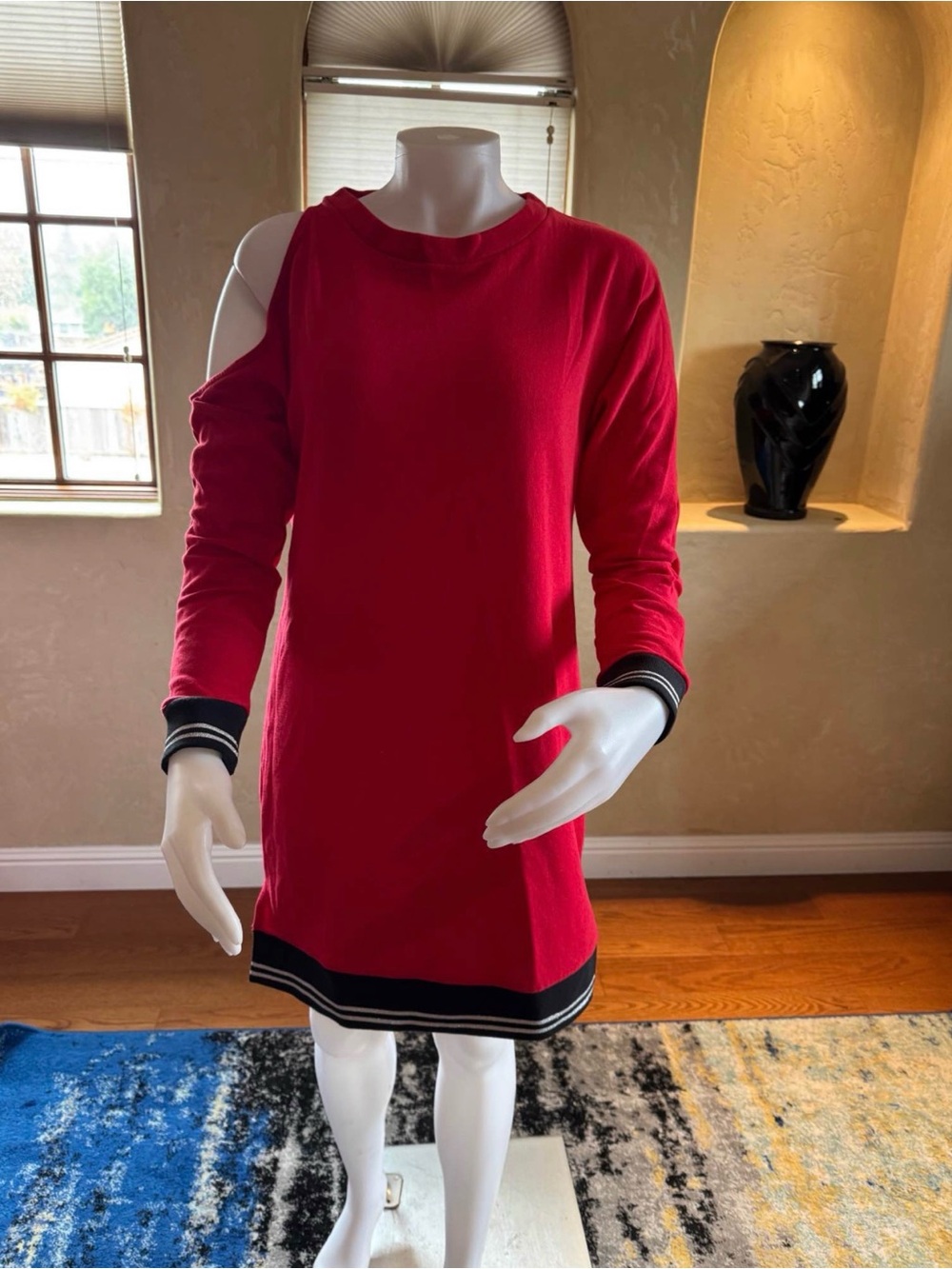 Material Girl Red Fleece Lined Cold Shoulder Sweater Dress Sz S/M